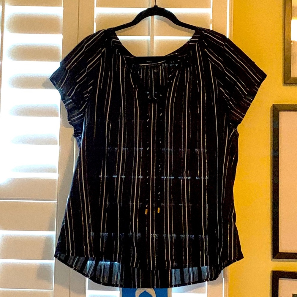 Never worn shirt sleeve Ann Taylor blouse. Black with white and gold strips.